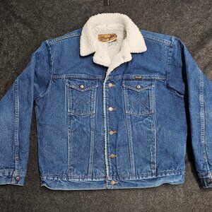 VINTAGE Wrangler M-159 Sherpa Lined Denim Jacket Cowboy Cut Trucker Size L